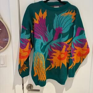 Vintage Esprit Sport Multi Color Tropical Print Crewneck Sweater Large